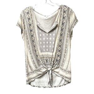 Lucky Brand Boho Tie Front Shirt / Top Cream w/ Geometric Pattern